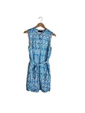 Cynthia Rowley Linen Dress Sleeveless Size 10 Turquoise Pattern White Tie Belt